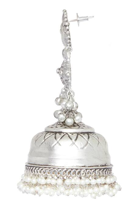 Chaotiq By Arti White Carved Pearl Tasselled Jhumka Earrings at Aza Fashions Chaotiq By Arti_White Carved Pearl Tasselled Jhumka Earrings_at_Aza_Fashions