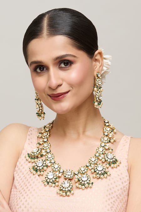 Chaotiq By Arti Gold Plated Polki Studded Drop Pattern Necklace Set 