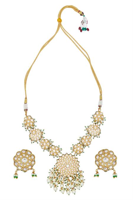 Shop Chaotiq By Arti Gold Plated Pearls Polki Studded Floral Necklace Set at Aza Fashions Shop_Chaotiq By Arti_Gold Plated Pearls Polki Studded Floral Necklace Set_at_Aza_Fashions