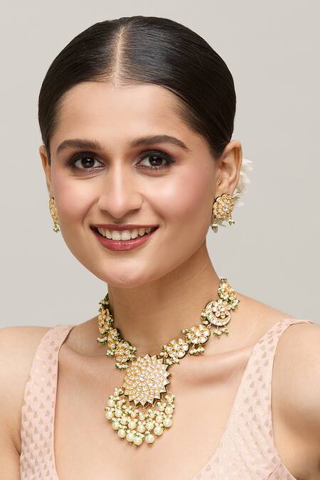 Shop Chaotiq By Arti Gold Plated Pearls Polki Studded Floral Necklace Set Online at Aza Fashions Shop_Chaotiq By Arti_Gold Plated Pearls Polki Studded Floral Necklace Set_Online_at_Aza_Fashions
