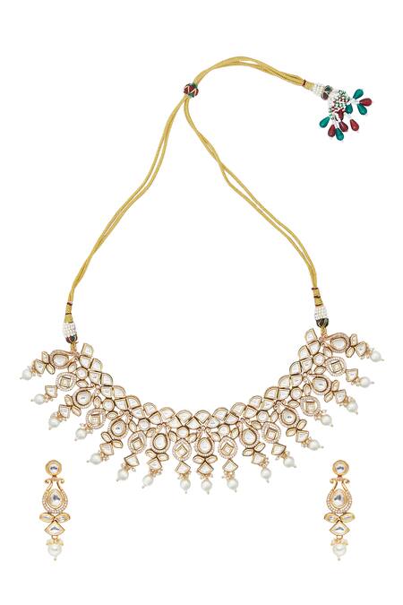 Shop Chaotiq By Arti Gold Plated Pearls Polki Studded Cut-out Necklace Set at Aza Fashions Shop_Chaotiq By Arti_Gold Plated Pearls Polki Studded Cut-out Necklace Set_at_Aza_Fashions
