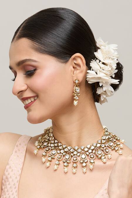 Chaotiq By Arti Gold Plated Pearls Polki Studded Cut-out Necklace Set Online at Aza Fashions Chaotiq By Arti_Gold Plated Pearls Polki Studded Cut-out Necklace Set_Online_at_Aza_Fashions