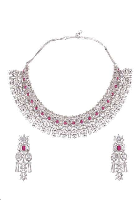 Shop Chaotiq By Arti White Stones, Diamonds Geometric Studded Choker Necklace Set at Aza Fashions Shop_Chaotiq By Arti_White Stones, Diamonds Geometric Studded Choker Necklace Set_at_Aza_Fashions