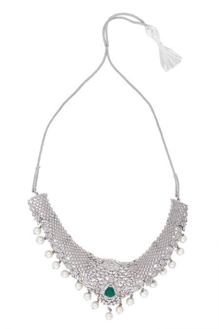 Chaotiq By Arti_White Pearls, Stones, Embroidery Floral Jaali Embellished Choker Necklace Set_at_Aza_Fashions