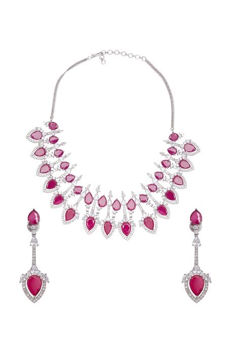 Shop Chaotiq By Arti White Stones, Diamonds Ruby Embellished Necklace Set at Aza Fashions Shop_Chaotiq By Arti_White Stones, Diamonds Ruby Embellished Necklace Set_at_Aza_Fashions