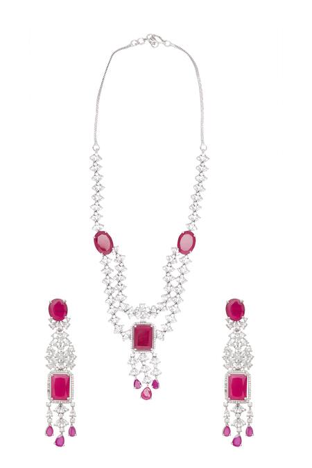 Shop Chaotiq By Arti White Stones, Rhinestones Ruby Embellished Layered Necklace Set at Aza Fashions Shop_Chaotiq By Arti_White Stones, Rhinestones Ruby Embellished Layered Necklace Set_at_Aza_Fashions