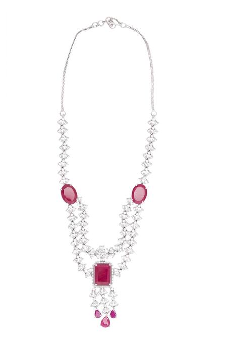 Chaotiq By Arti White Stones, Rhinestones Ruby Embellished Layered Necklace Set at Aza Fashions Chaotiq By Arti_White Stones, Rhinestones Ruby Embellished Layered Necklace Set_at_Aza_Fashions