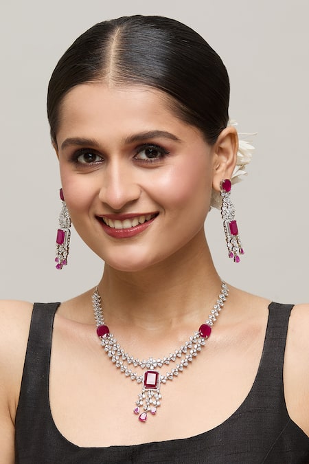 Buy Chaotiq By Arti White Stones, Rhinestones Ruby Embellished Layered Necklace Set Buy_Chaotiq By Arti_White Stones, Rhinestones Ruby Embellished Layered Necklace Set