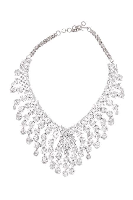 Chaotiq By Arti_White Stones Floral Jaal Embellished Necklace Set_at_Aza_Fashions