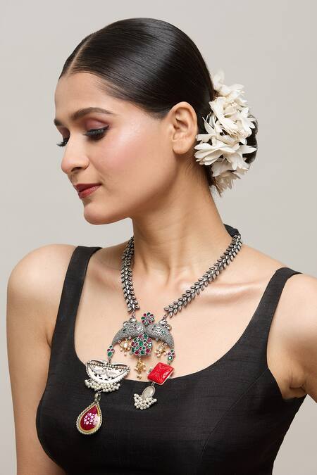 Chaotiq By Arti_Multi Color Oxidised Metallic Pendant Necklace_Online_at_Aza_Fashions