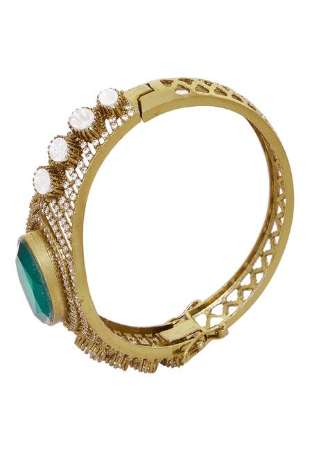 Chaotiq By Arti_Green Crystals Handcrafted Polki Embellished Kada_Online_at_Aza_Fashions