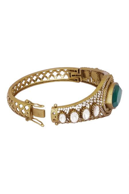 Shop_Chaotiq By Arti_Green Crystals Handcrafted Polki Embellished Kada_Online_at_Aza_Fashions