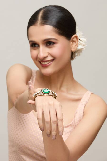 Chaotiq By Arti_Green Crystals Handcrafted Polki Embellished Kada_at_Aza_Fashions