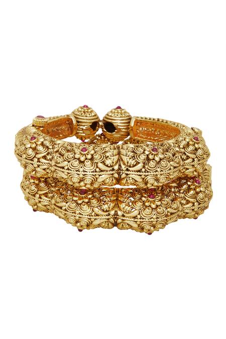 Shop Chaotiq By Arti Gold Plated Floral Carved Bangles - Set Of 2 at Aza Fashions Shop_Chaotiq By Arti_Gold Plated Floral Carved Bangles - Set Of 2_at_Aza_Fashions