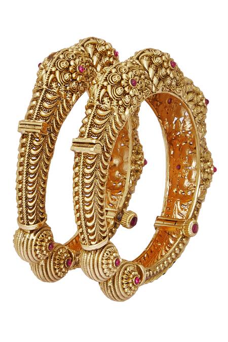 Buy Chaotiq By Arti Gold Plated Floral Carved Bangles - Set Of 2 Online at Aza Fashions Buy_Chaotiq By Arti_Gold Plated Floral Carved Bangles - Set Of 2_Online_at_Aza_Fashions
