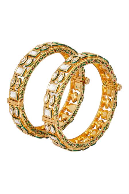 Chaotiq By Arti_Gold Plated Crystals Handcrafted Polki Embellished Bangles - Set Of 2_Online_at_Aza_Fashions