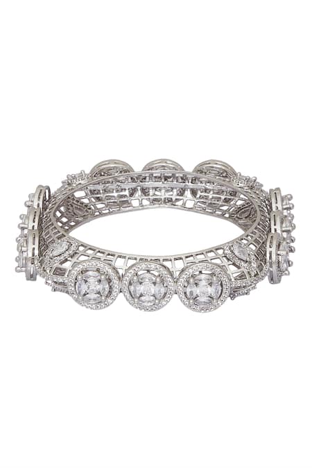 Shop Chaotiq By Arti Silver Plated Imitation Diamonds Studded Flower Shaped Bangle at Aza Fashions Shop_Chaotiq By Arti_Silver Plated Imitation Diamonds Studded Flower Shaped Bangle_at_Aza_Fashions