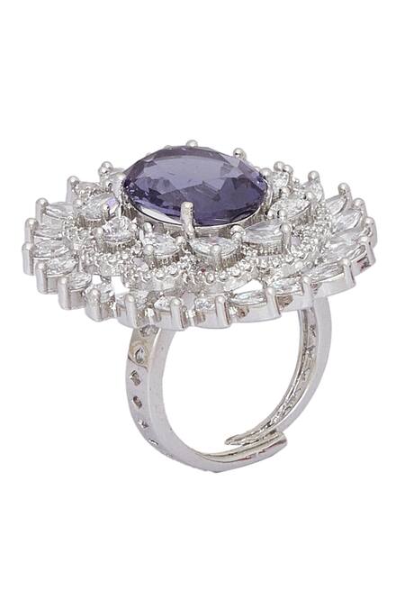 Chaotiq By Arti_White Stones, Diamonds Flower Cutwork Studded Ring_at_Aza_Fashions