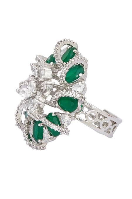 Chaotiq By Arti_White Diamonds, Embroidery Studded Flower Cutwork Ring_Online_at_Aza_Fashions