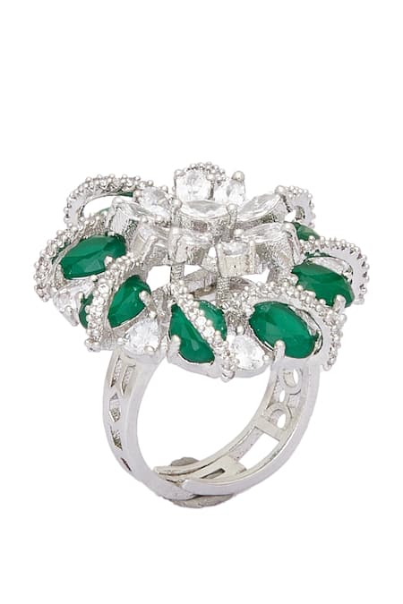 Shop_Chaotiq By Arti_White Diamonds, Embroidery Studded Flower Cutwork Ring_Online_at_Aza_Fashions