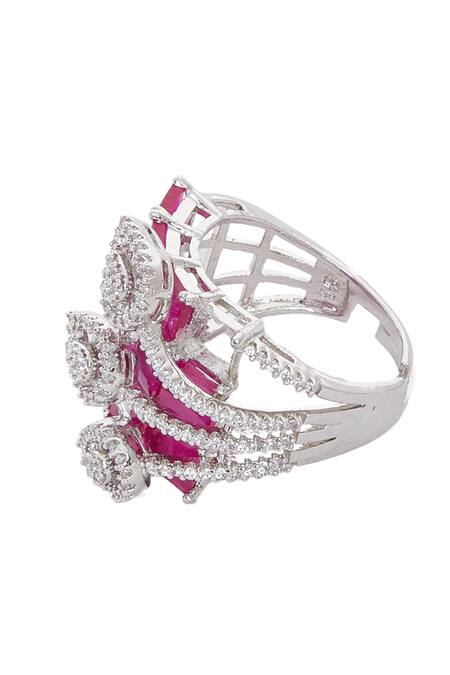 Buy_Chaotiq By Arti_Red Diamonds, Rhinestones Studded Tear Drop Cutwork Ring_Online_at_Aza_Fashions
