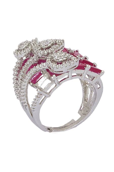 Shop_Chaotiq By Arti_Red Diamonds, Rhinestones Studded Tear Drop Cutwork Ring_Online_at_Aza_Fashions