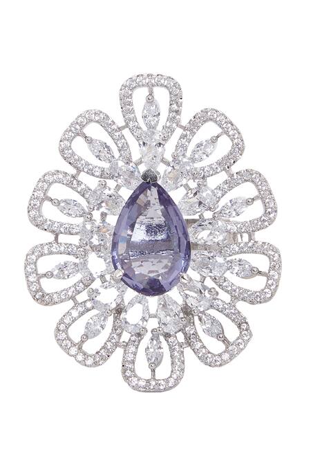 Shop Chaotiq By Arti White Diamonds, Stones Floret Cutwork Studded Ring at Aza Fashions Shop_Chaotiq By Arti_White Diamonds, Stones Floret Cutwork Studded Ring_at_Aza_Fashions