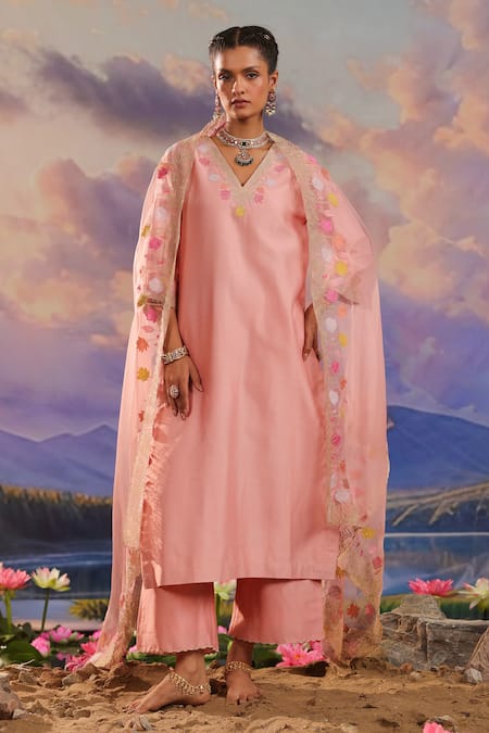 Shop_Charu Makkar_Peach Silk, Chanderi, Organza Embroidery, Zari V-neck Kurta Pant Set _Online_at_Aza_Fashions