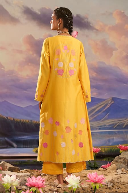 Shop_Charu Makkar_Yellow , , Embroidery Open Neck Jacket Pant Set _at_Aza_Fashions
