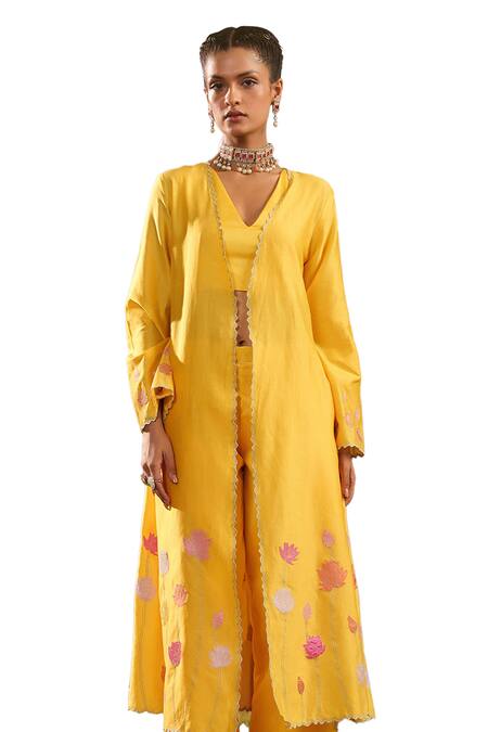 Buy Charu Makkar Yellow , , Embroidery Open Neck Jacket Pant Set Online at Aza Fashions Buy_Charu Makkar_Yellow , , Embroidery Open Neck Jacket Pant Set _Online_at_Aza_Fashions