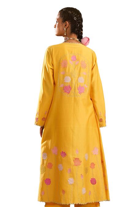 Shop Charu Makkar Yellow , , Embroidery Open Neck Jacket Pant Set Online at Aza Fashions Shop_Charu Makkar_Yellow , , Embroidery Open Neck Jacket Pant Set _Online_at_Aza_Fashions