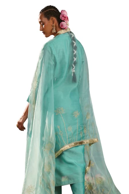 Charu Makkar Blue Silk, Chanderi, Organza Embroidery, Zari V-neck Hem Kurta Pant Set Online at Aza Fashions Charu Makkar_Blue Silk, Chanderi, Organza Embroidery, Zari V-neck Hem Kurta Pant Set _Online_at_Aza_Fashions