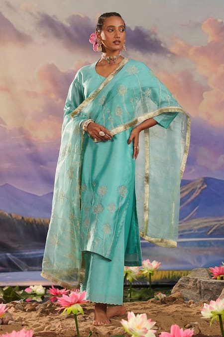 Buy_Charu Makkar_Blue Silk, Chanderi, Organza Embroidery, Zari V-neck Hem Kurta Pant Set _Online_at_Aza_Fashions
