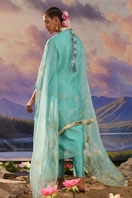 Shop_Charu Makkar_Blue Silk, Chanderi, Organza Embroidery, Zari V-neck Hem Kurta Pant Set _at_Aza_Fashions