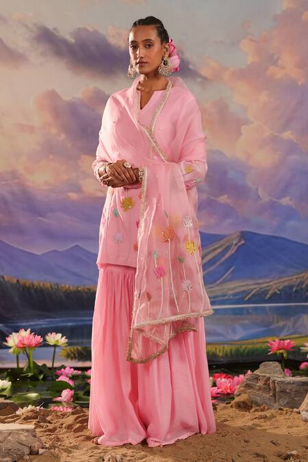 Charu Makkar_Pink Chanderi, Organza Embroidery Keyhole Neck Kurta Gharara Set _Online_at_Aza_Fashions