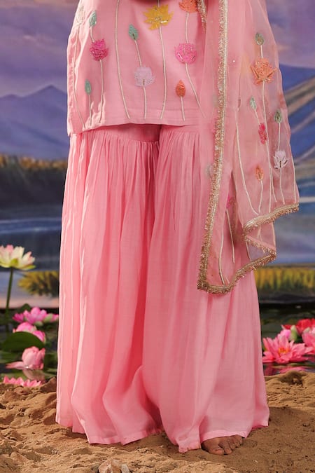 Buy Charu Makkar Pink Chanderi, Organza Embroidery Keyhole Neck Kurta Gharara Set Online at Aza Fashions Buy_Charu Makkar_Pink Chanderi, Organza Embroidery Keyhole Neck Kurta Gharara Set _Online_at_Aza_Fashions