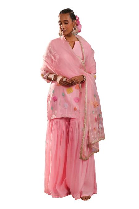 Shop Charu Makkar Pink Chanderi, Organza Embroidery Keyhole Neck Kurta Gharara Set Online at Aza Fashions Shop_Charu Makkar_Pink Chanderi, Organza Embroidery Keyhole Neck Kurta Gharara Set _Online_at_Aza_Fashions