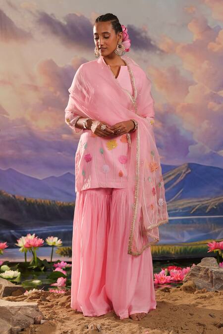 Charu Makkar_Pink Chanderi, Organza Embroidery Keyhole Neck Kurta Gharara Set _at_Aza_Fashions