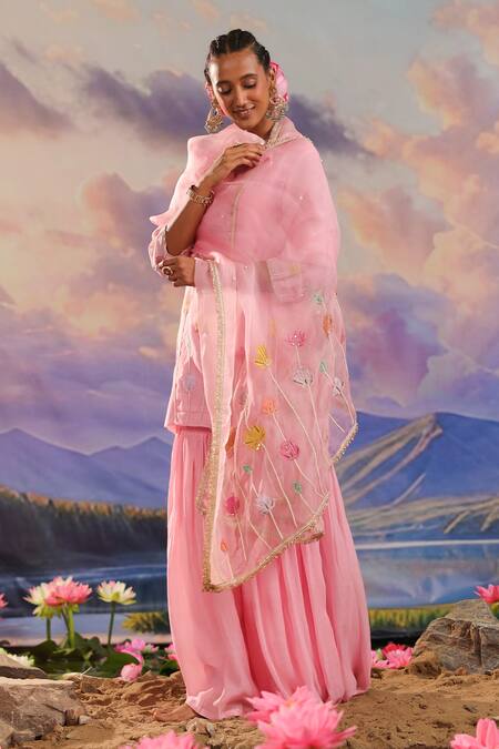 Buy_Charu Makkar_Pink Chanderi, Organza Embroidery Keyhole Neck Kurta Gharara Set 