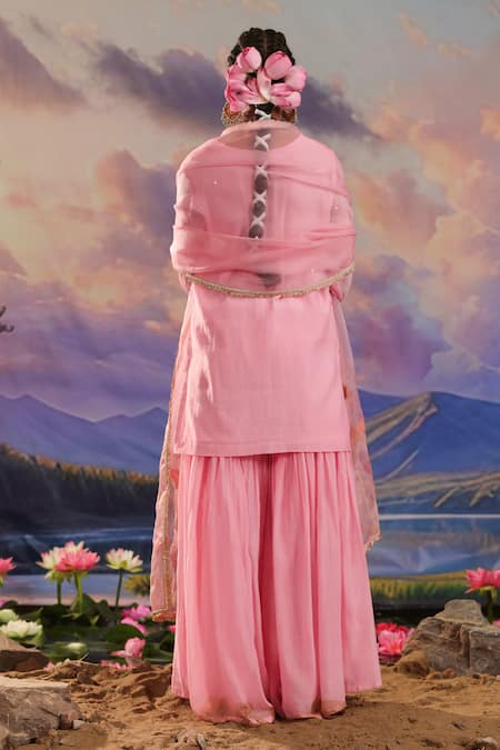 Shop_Charu Makkar_Pink Chanderi, Organza Embroidery Keyhole Neck Kurta Gharara Set _at_Aza_Fashions