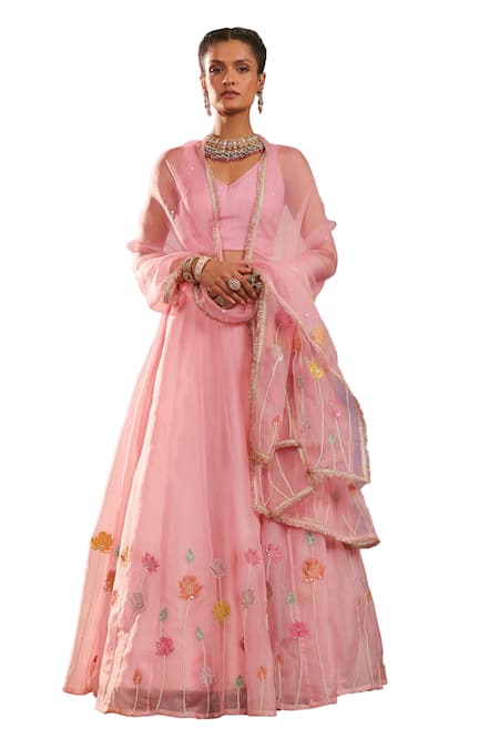 Charu Makkar_Pink Silk, Organza Embroidery V-neck Floral Lehenga Set _Online_at_Aza_Fashions