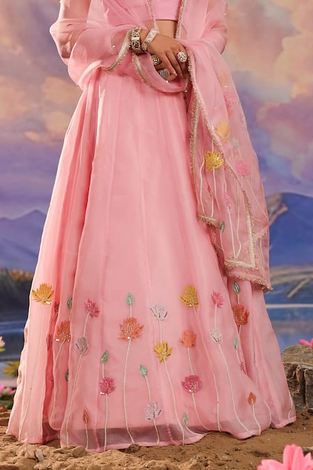 Buy_Charu Makkar_Pink Silk, Organza Embroidery V-neck Floral Lehenga Set _Online_at_Aza_Fashions