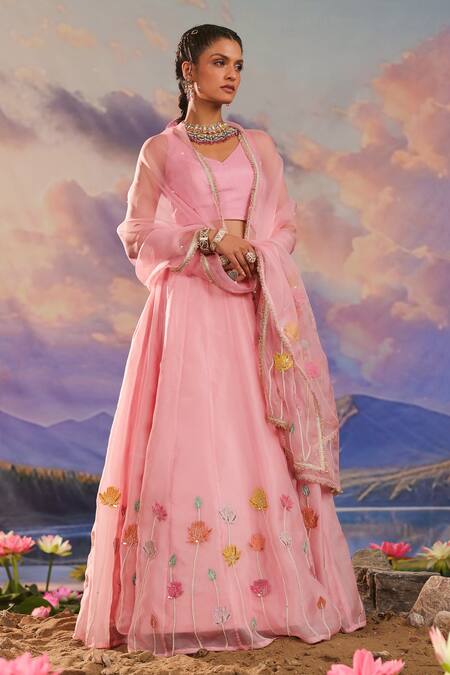 Shop_Charu Makkar_Pink Silk, Organza Embroidery V-neck Floral Lehenga Set _Online_at_Aza_Fashions