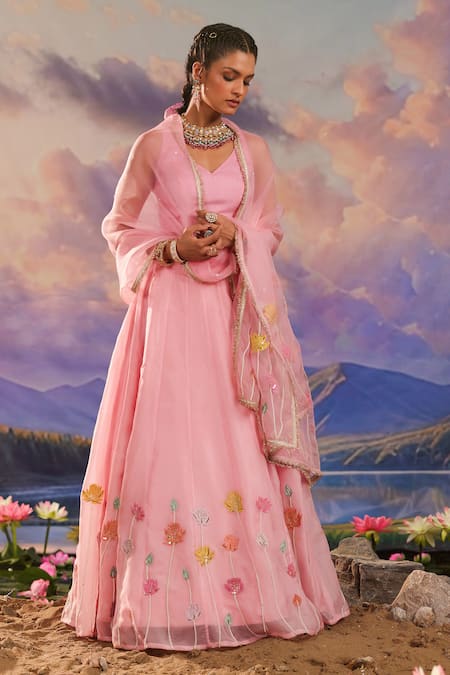 Charu Makkar_Pink Silk, Organza Embroidery V-neck Floral Lehenga Set _at_Aza_Fashions