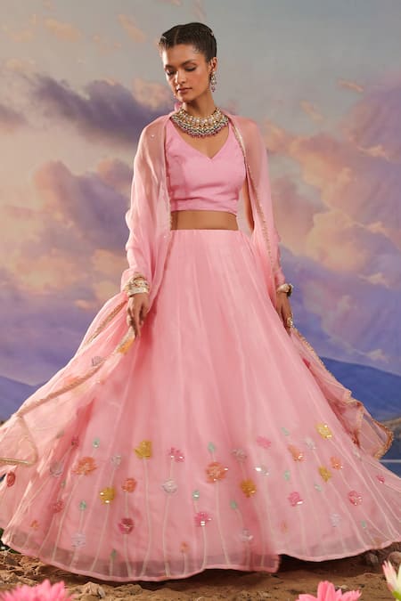 Shop_Charu Makkar_Pink Silk, Organza Embroidery V-neck Floral Lehenga Set 