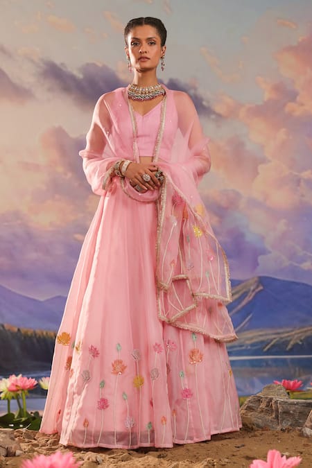 Shop_Charu Makkar_Pink Silk, Organza Embroidery V-neck Floral Lehenga Set _at_Aza_Fashions
