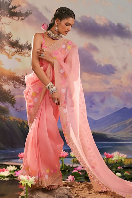 Charu Makkar_Peach Silk, Chanderi, Tissue Embroidery, Zari Saree With Sleeveless Blouse _Online_at_Aza_Fashions