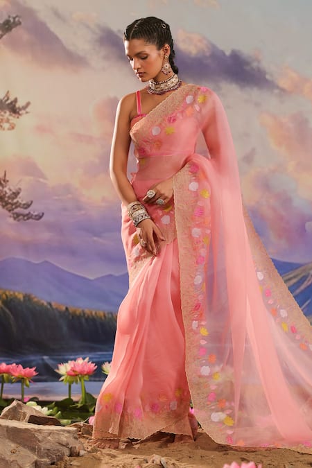 Buy_Charu Makkar_Peach Silk, Chanderi, Tissue Embroidery, Zari Saree With Sleeveless Blouse _Online_at_Aza_Fashions