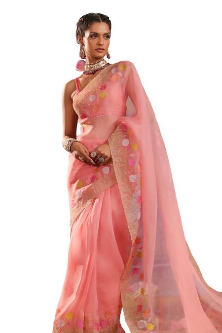 Shop Charu Makkar Peach Silk, Chanderi, Tissue Embroidery, Zari Saree With Sleeveless Blouse Online at Aza Fashions Shop_Charu Makkar_Peach Silk, Chanderi, Tissue Embroidery, Zari Saree With Sleeveless Blouse _Online_at_Aza_Fashions