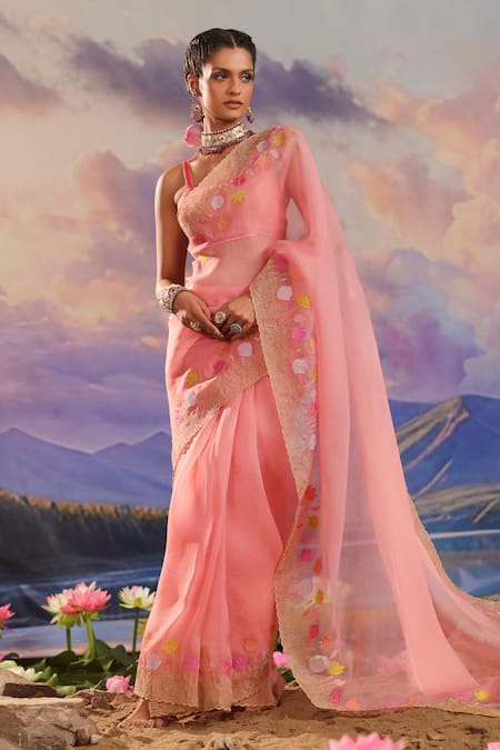 Charu Makkar_Peach Silk, Chanderi, Tissue Embroidery, Zari Saree With Sleeveless Blouse _at_Aza_Fashions